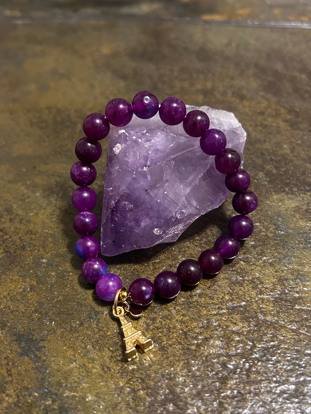 Purple Scapolite Beaded Gemstone Stretch Bracelet w/Gold-Tone Dangling Charm